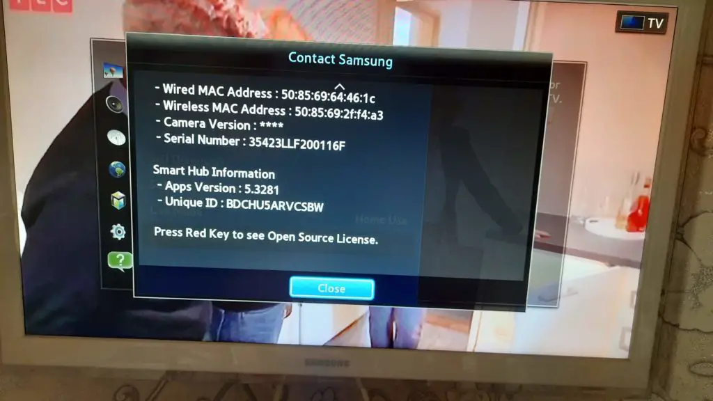 Número de série do menu de TV da Samsung 