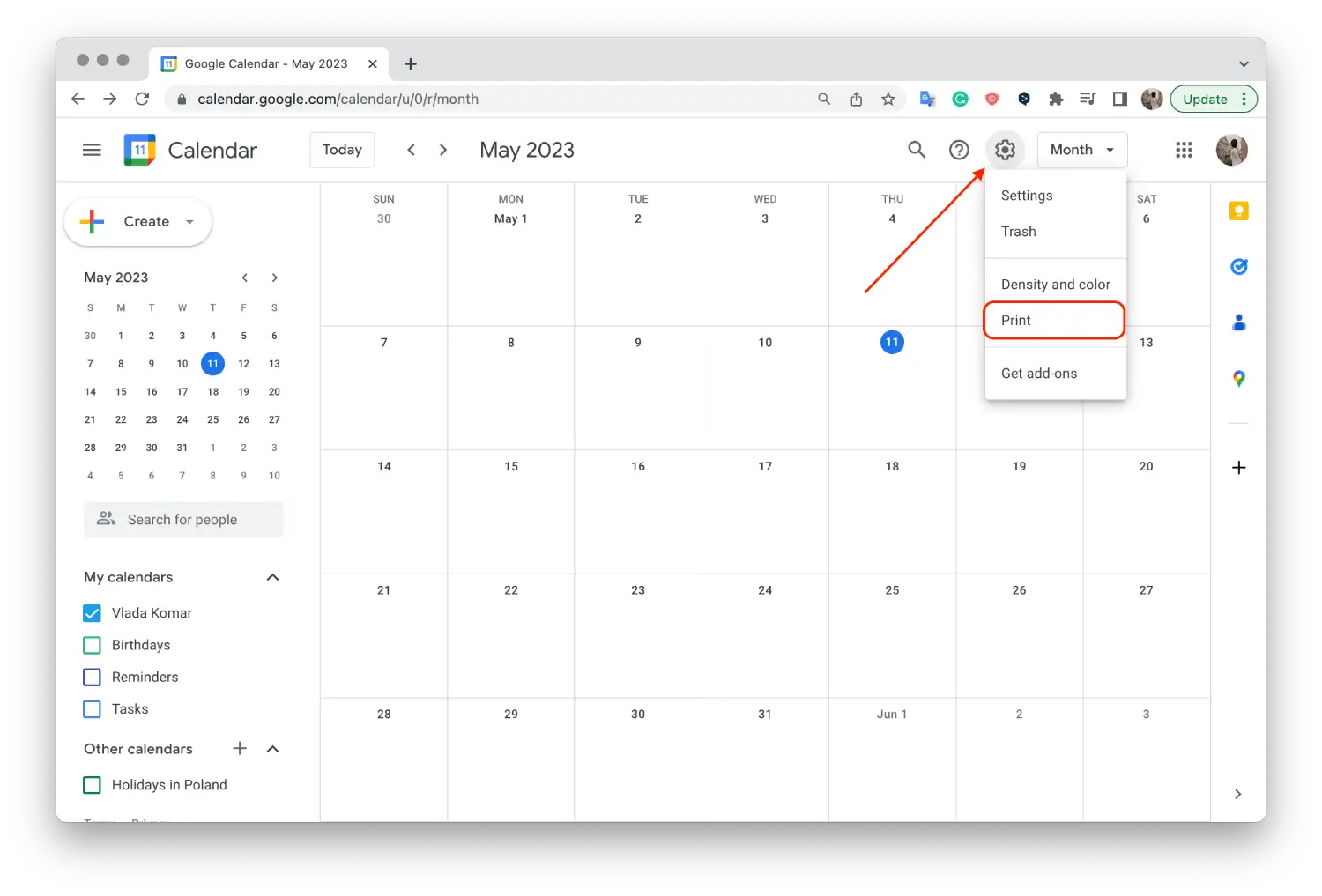 Como imprimir um calendário do Google Calendar?