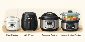 Como funcionam os eletrodomésticos de cozinha panela de arroz, fritadeira de ar, panela de pressão, vaporizador e multicooker